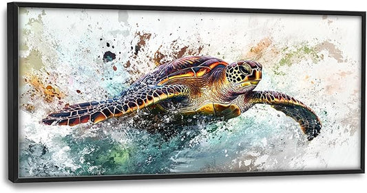 Extra Large Framed Sea Turtle Wall Art,Oversized Abstract Colorful Sea Nautical Wall Decor Pictures for Living Room,Canvas Print Painting Modern Artwork Bedroom Office Bathroom Home Decor 60L x30W