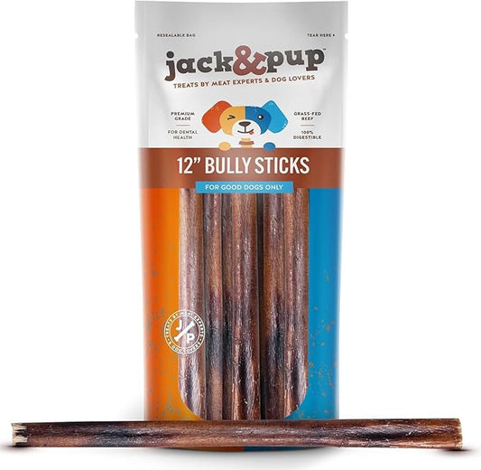 Jack&Pup 12 Inch Bully Sticks for Large Dogs | Thick Odor Free Bully Sticks (3 Pack) Long Lasting Bully Sticks for Dogs