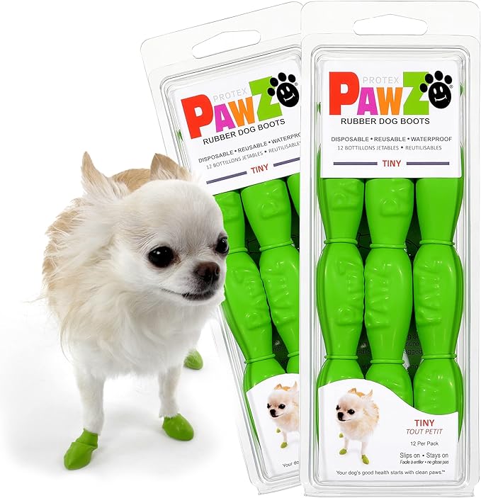 PawZ Rubber Dog Boots for Paws up to 1", 24 Total (2 Packs of 12) - All-Weather Dog Booties for Hot Pavement, Snow, Mud, and Rain - Waterproof, Anti Slip Dog Socks - Tiny, Green