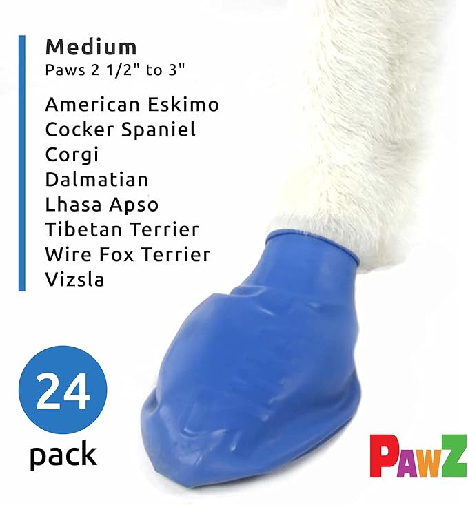 PawZ Rubber Dog Boots for Paws up to 3", 24 Total (2 Packs of 12) - All-Weather Dog Booties for Hot Pavement, Snow, Mud, and Rain - Waterproof, Anti Slip Dog Socks - Medium, Blue