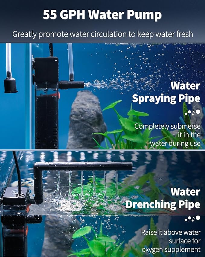 Pawfly Internal Aquarium Filter, Submersible Power Filter with 55 GPH Water Pump for 3 to 10 Gallon Fish Tanks Filtration Circulation and Oxygenation