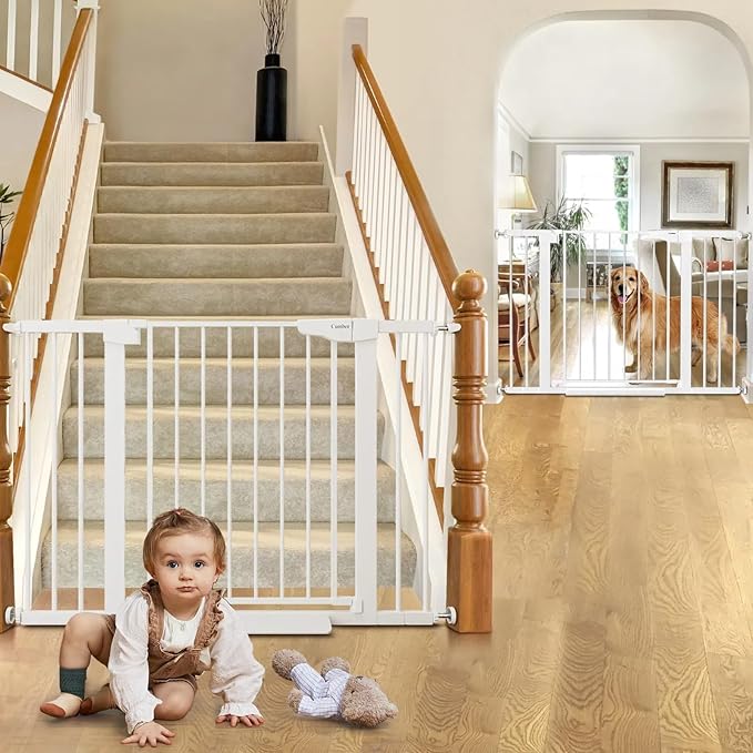 Cumbor 2 Pack 29.7-46" Baby Gate for Stairs, Mom's Choice Awards Winner-Auto Close Dog Gate for doorways, Easy Install Pressure Mounted Pet Gates indoor, Easy Walk Thru Wide Safety Gate for Dog, White