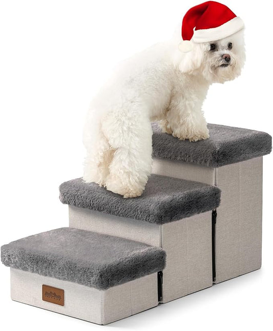 Dog Stair for Small Dogs with Storage, Foldable Pet Step with Soft Cover, Older Cat Ramp for Chair Couch Sofa, Lightweight, Durable, Comfort, 24.8x13x13.6 inch, 3 Tiers, Grey