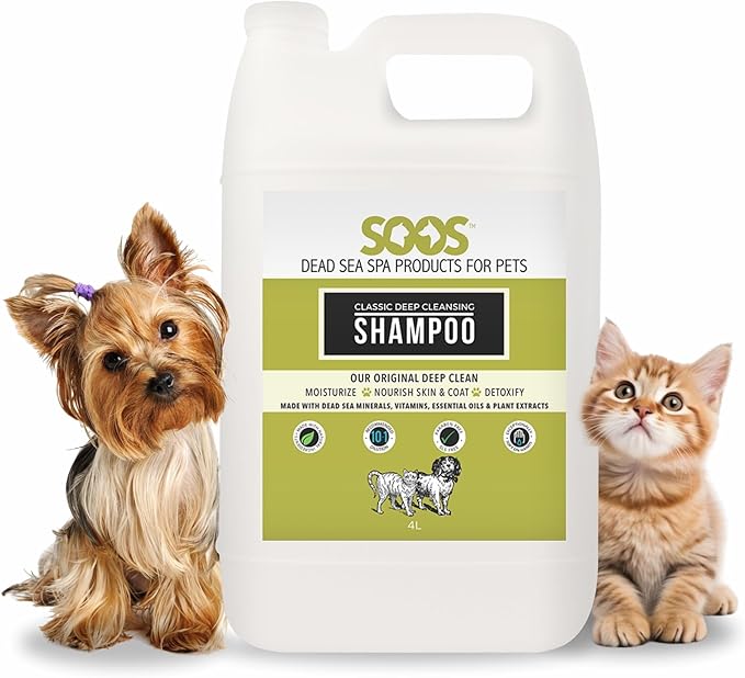 Soos Pet Classic Deep Cleansing Shampoo for Dogs and Cats Natural Dead Sea Minerals Fast Absorbing Coat with Vitamins Essential Oils Natural Ingredients - 1x (4L Gallon)