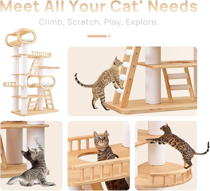 77‘’ Modern Cat Tree, Tall Wood Cat Tower for Indoor Cats Large Adult, Heavy Duty Cat Tree with Scratching Post, Luxury Kitty Condo, Sturdy Cat Furniture with 1 Transparent Bed and 3 Climb Labber
