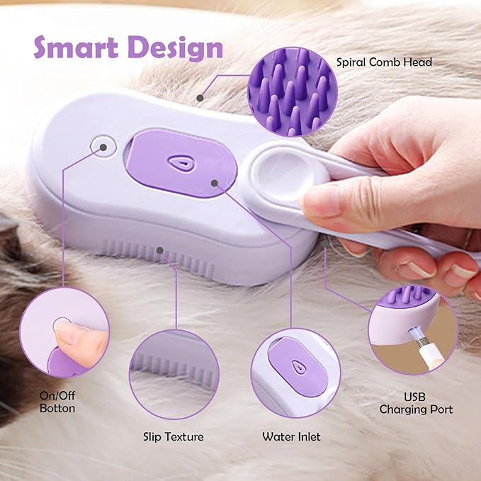 Cat Steam Brush, Rechargeable Pet Steam Grooming Brush with Collapsible Handle, Cat Brushes for Indoor Cats, Cat Water Brush, Detangling and Removing Loose Hair, includes Charging Cable