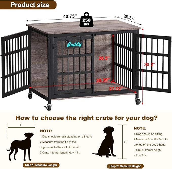 EasyCom 41"/33"/27" Dog Crate Furniture with Name Tag, Heavy Duty Dog Kennel Indoor for Medium Dogs, Double-Doors Sturdy Metal Dog Cage for Anxiety Dog, Decorate House as TV Stand, End Table