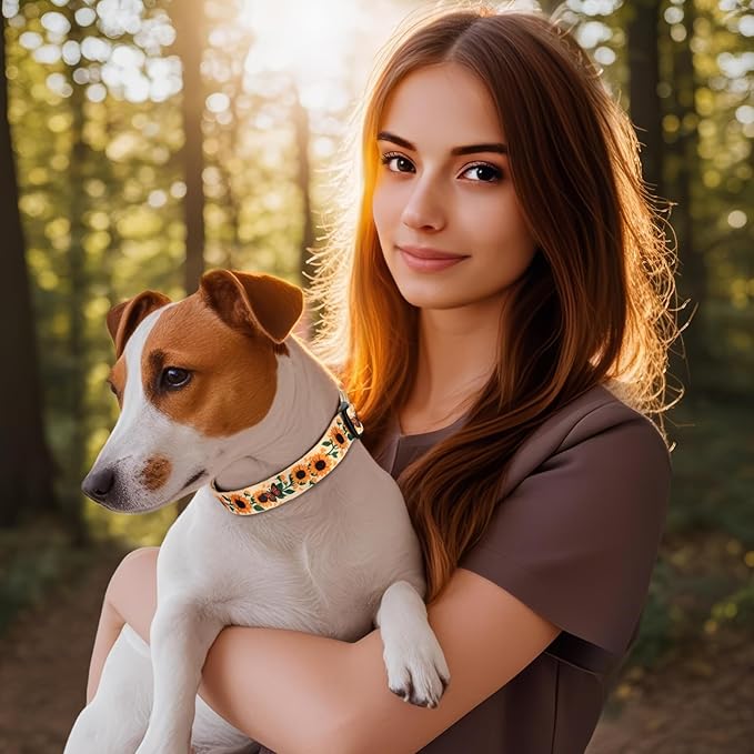 HEELE Dog Collar, Adjustable Soft Dog Collar for Small Medium Large Dogs,Sunflower Floral Patterned Puppy Collars with Quick Release Buckle Sunflower Yellow S Length 9.84''-14.96'