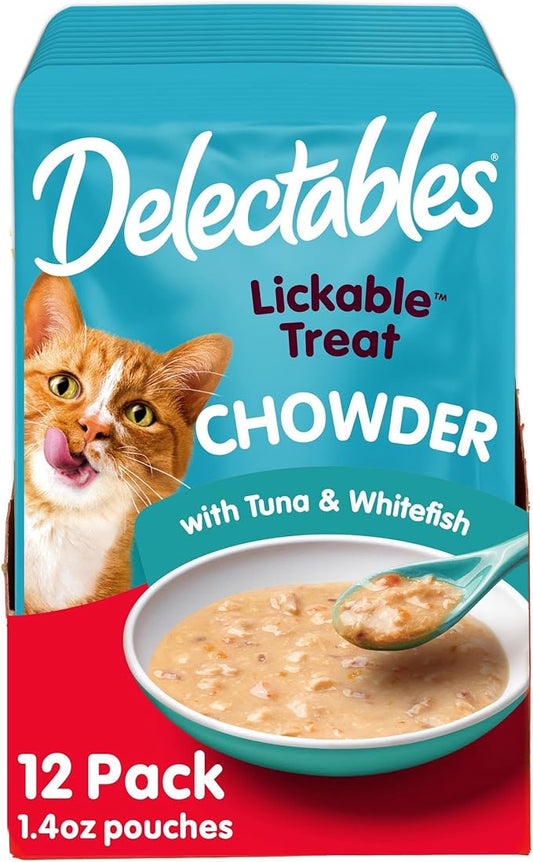 Hartz Delectables Chowder Lickable Wet Cat Treats for Kitten, Adult & Senior Cats, Tuna & Whitefish, 12 Count