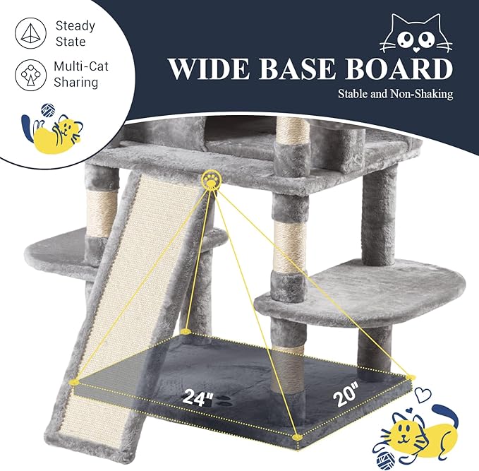 Allewie 68 Inches Cat Tree/House and Towers for Big Feline/Scratching Post/Multi-Level Large Kitty Climbing Tree with Condo/Light Grey