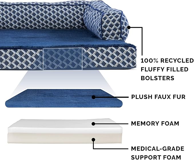 Furhaven Memory Foam Dog Bed for Large Dogs w/ Removable Bolsters & Washable Cover, For Dogs Up to 125 lbs - Plush & Woven Decor Comfy Couch Sofa - Diamond Blue, Jumbo Plus/XXL