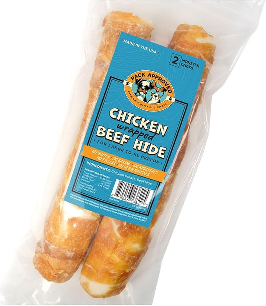 Chicken Wrapped Rawhide Beef Sticks - Long Lasting Chews for Aggressive Chewers - Treats for Large Dogs - XL (Pack of 2)