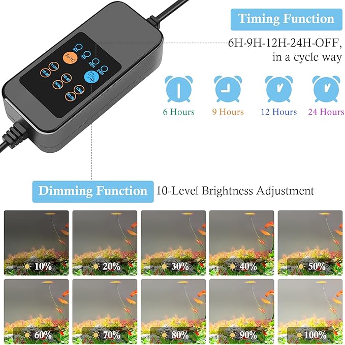 HITOP 40-44in Full Spectrum LED Aquarium Light with Timer, Auto 24/7 Lighting Cycle& 10-Level Brightness Adjustment, Fish Tank Light for Plant Growth, with Extendable Brackets