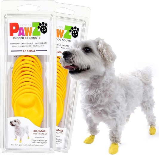 PawZ Rubber Dog Boots for Paws up to 1 1/2", 24 Total (2 Packs of 12) - All-Weather Dog Booties for Hot Pavement, Snow, Mud, and Rain - Waterproof, Anti Slip Dog Socks - XX-Small, Yellow