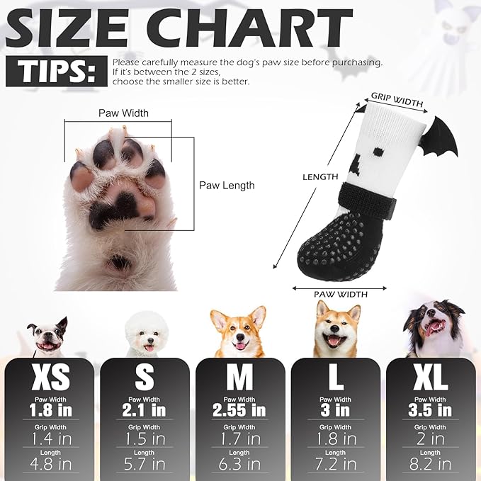 EXPAWLORER Halloween Anti Slip Dog Socks to Prevent Licking Paws, Boots & Paw Protectors with Grippers,Doggie Booties for Hardwood Floors for Small Medium Large Senior Dogs Costume White Ghost Wings S