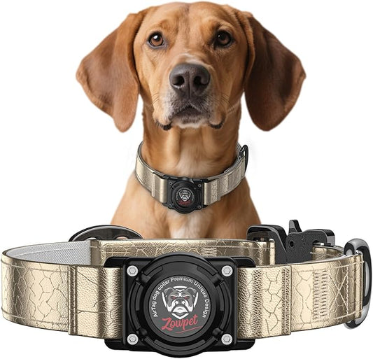 Airtag Dog Collar - Leather Dog Collar with Airtag Holder| IP68 Waterproof AirTag Holder with Metal Buckle, Comfortable GPS Dog Collars Tracker for Medium Large Dogs (Champagne Gold, L)