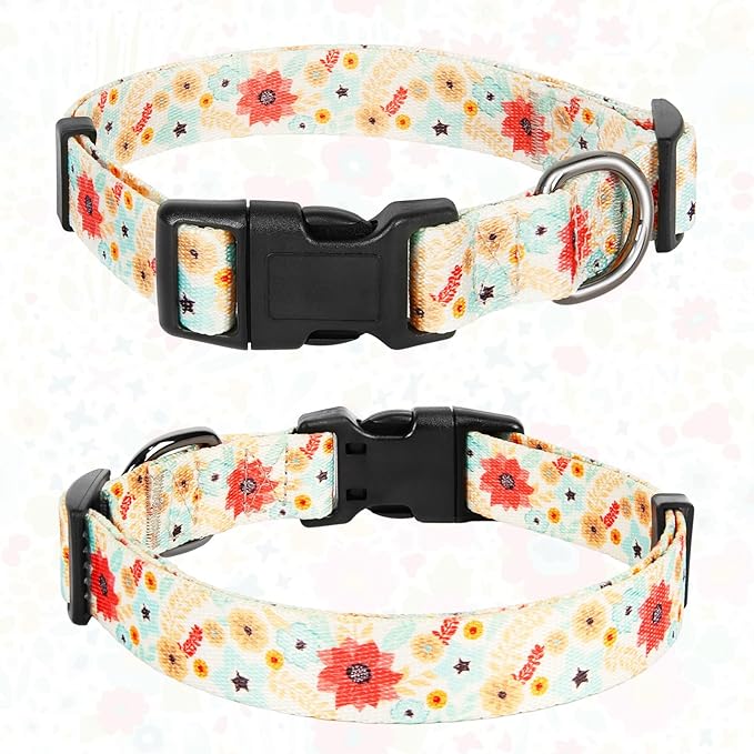 HEELE Dog Collar, Adjustable Soft Dog Collar for Small Medium Large Dogs,Floral Patterned Puppy Collars with Quick Release Buckle Galsang White L Length 15.94''-25.59'