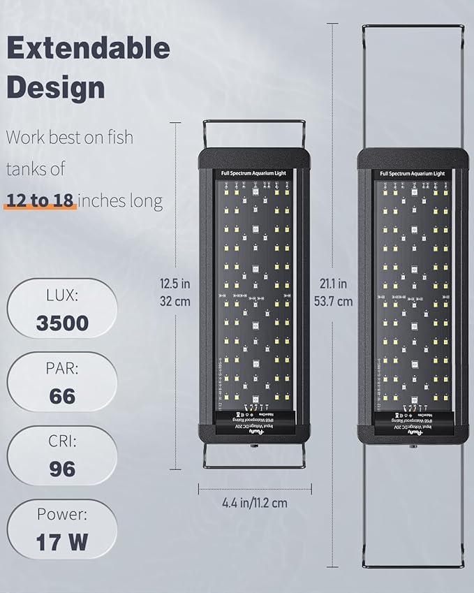 Pawfly 12W 24/7 Aquarium LED Light for 12" to 18" Tanks Extendable Fish Tank Light with Full Spectrum White Blue Red Green Lights with D/N Mode Single Color Effects Timer and Adjustable Brightness