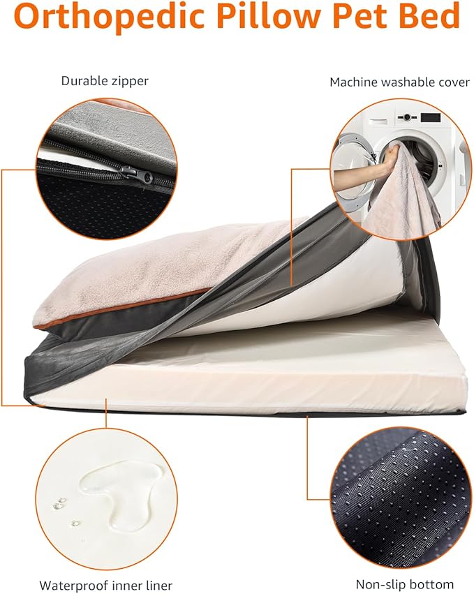 Amazon Basics Dog Bed with Cooling Gel Memory Foam, Pressure-Relief Support for Dogs up to 50lbs, Non-Slip Bottom, Machine Washable Cover, Large Sized (36" x 27"), Grey