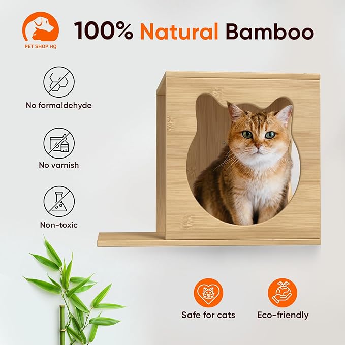 Cat Wall Furniture - Climbing Shelves, Ladders, Cat House, Hammock, Bed, Bridges, Walkways - Bamboo Material - Light Brown - Cat Furniture