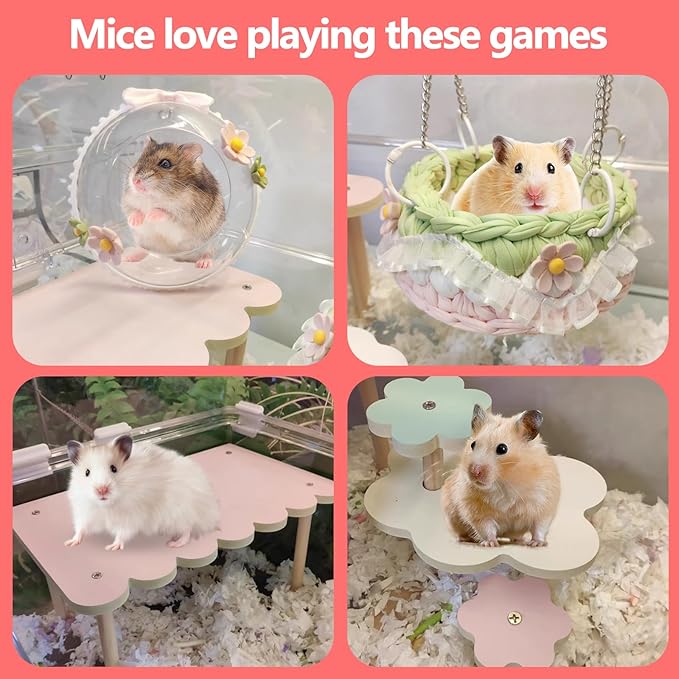 4-Pack Wooden Rat Cage Accessories - Platforms, Ladders & Hammocks Set for Chinchillas, Hamsters, Gerbils (for Iron/Wooden, Acrylic Hamster Cages + Customizable Layout) (11x6.7x5.5)
