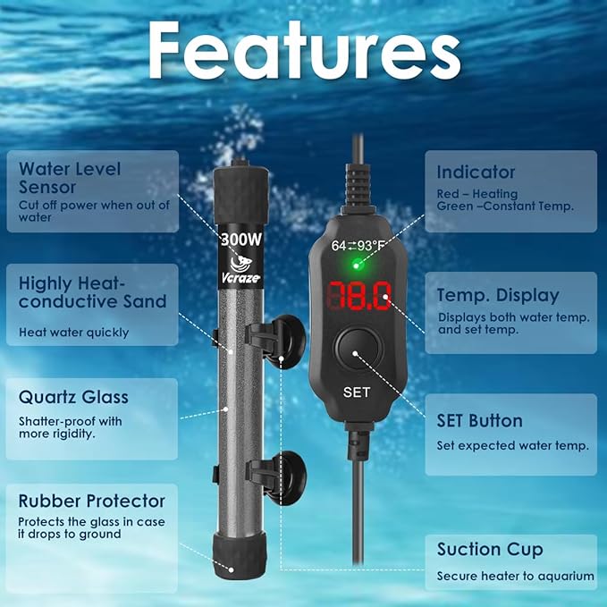 Super Compact 300W Fish Tank Heater, Submersible Aquarium Heater with LED Digital Display Thermostat, Adjustable Fish Heater for 40-60 Gallon Tanks