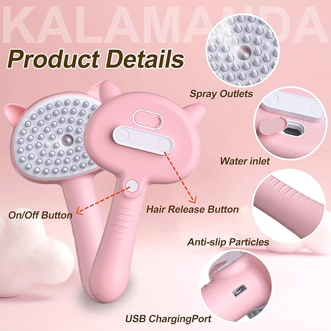 Cat Steam Brush for Shedding, 4 in 1 Steamy Cat Comb with Handle, Rubber Pet Misting Brush with Release Button for Indoor Kittens Small Animals(Pink)