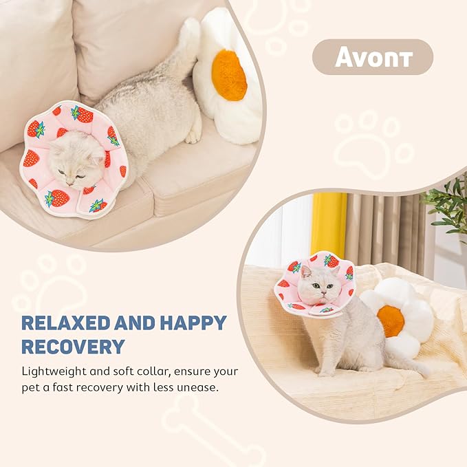 Avont Soft Cat Recovery Cone Collar, Adjustable Lightweight Kitten E-Collar for Small Dogs, Comfortable Neck Donut Stop Licking Scratching After Surgery -Strawberry(L)