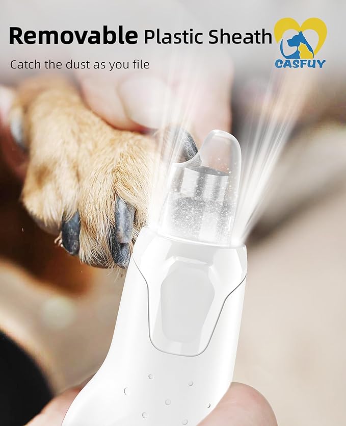Casfuy Dog Nail Grinder Quiet - (45db) 6-Speed Pet Nail Grinder with 2 LED Lights for Large Medium Small Puppy Dogs/Cats, Professional 3 Ports Rechargeable Electric Dog Nail Trimmer with Dust Cap
