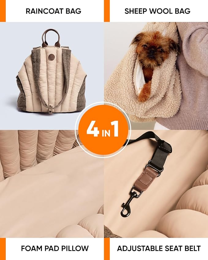 Dog Travel Bag | Cat Carrier | Small Pet Taxi | Lightweight Soft-Sided Tote, Car-Seat Compatible, Washable, 6–20 lb | Vegan Materials | Brown