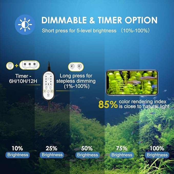 Aquarium Light,14W 24/7 Natural Mode,9 Light Modes(Water Grass Mode & 7 Colors & Cycle),Adjustable Timer and 7 Color Brightness - with Expandable Mounting Bracket for 12~18IN Fish Tank
