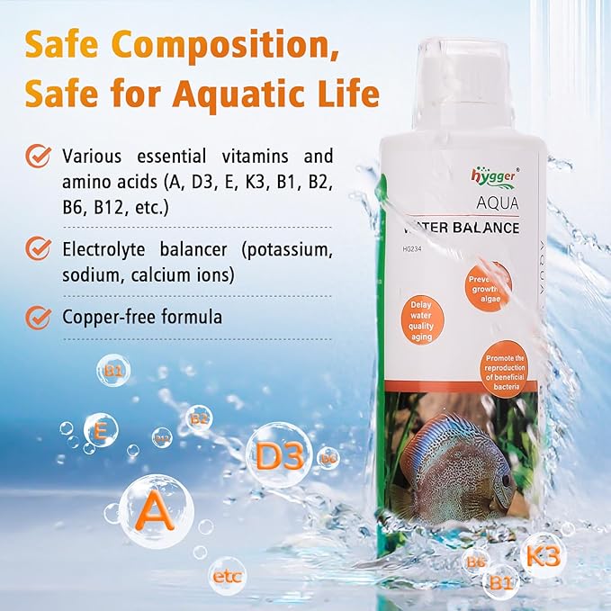 hygger Aqua Water Balance for Freshwater Saltwater, Aquarium Fish Tank Plant Coral Stabilizes Water Quality with Essential Vitamins Amino Acids Electrolyte Water Conditioner, 500 ML