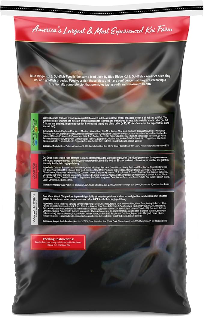 Blue Ridge Koi Fish Food 25lb - Koi Food Mini Growth Formula, Goldfish Food, Premium Fish Food for Ponds, Ponds Fish Food, Floating Pond Pellets