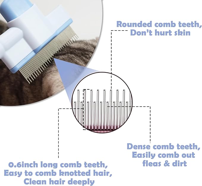 Cat Comb Pet Comb Self Cleaning Upgraded Cat Brush for Long Haired Cats & Dogs, Blue