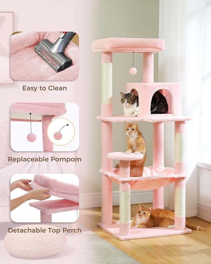 Cat Tree for Large Cats Adult with Metal Plush Big Hammock, 56.3" Cat Tower with 2 Door Condo House, 6-Tier Cat Shelves with Scratching Posts and Large Top Perch, Light Pink
