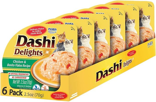 INABA Dashi Delights for Cats, 2.5 Ounce Cup, 6 Cups Total, Chicken & Bonito Flakes Recipe