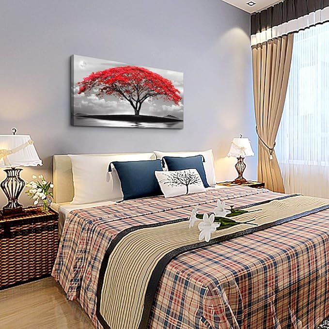 canvas wall art for living room bathroom Wall Decor Black and white landscape red tree moon scenery Hang painting Home Decorations for office bedroom kitchen Works canvas Prints pictures 24" x 48"inch