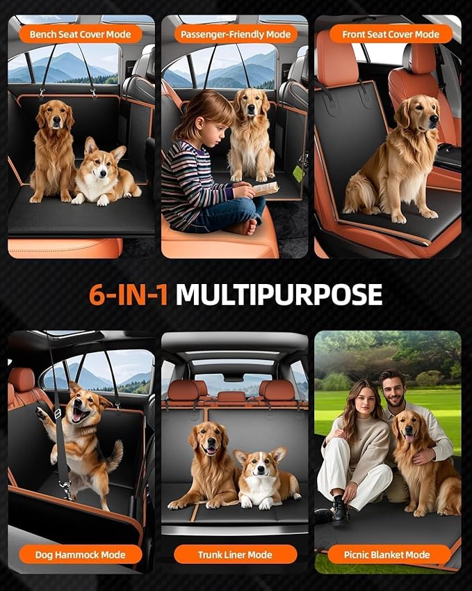 6-in-1 Leather Dog BackSeat Extender, Hard Bottom 40/60 Split Waterproof Car Back/Front Seat Cover, Rear Hammock Carseat Protector, Large Size Pet Mat for SUV/Truck/Cargo, Vehicle Bed Travel Accessory