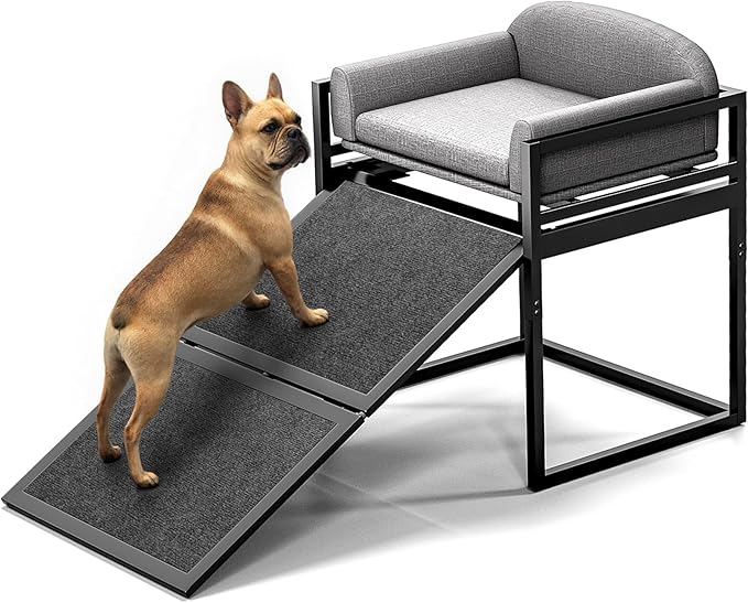 Dog Ramp Doggie Stairs with Seat Mate,Puppy Chair Get on High Bed Couch Office Window Perch,Non Slip Dachshunds Foldable Ladder,Pet Doggy Step for Small Old Dogs,Chihuahua Cat Platform Grey