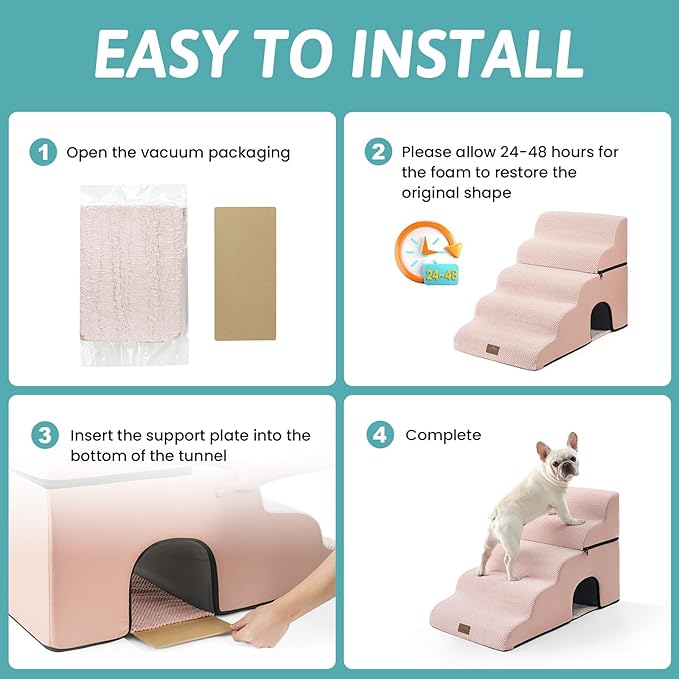 Extra Wide Dog Stairs with Tunnel, Detachable Large Pet Step for Small Medium Dog, Puppy or Cat, Ramp for High Bed, Couch, Sofa or Car, Stable, 19.7x33x22.4 inch, 5 Step, Pink