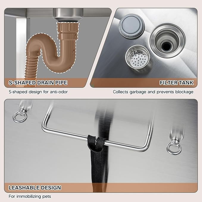 Albott 34 Inch Stainless Steel Dog Washing Station with Non-Slip Steps, Sprayer, Faucet, Tow Rope – Professional Pet Bathtub for Small Dogs, Great for Home, Garage, Salon (Left Door)