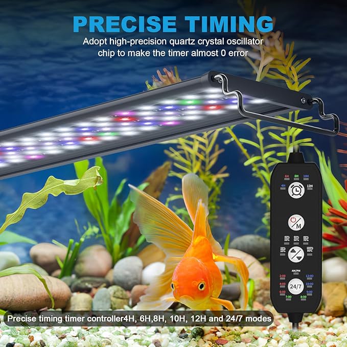 Led Aquarium Light for 24 Inch to 30 Inch Fish Tank, 24/7 Cycle and DIY Mode, Full Spectrum, 7 Colors, Auto On/Off, Adjustable Timer/Brightness, 22W Fish Tank Lights with Extendable Bracket