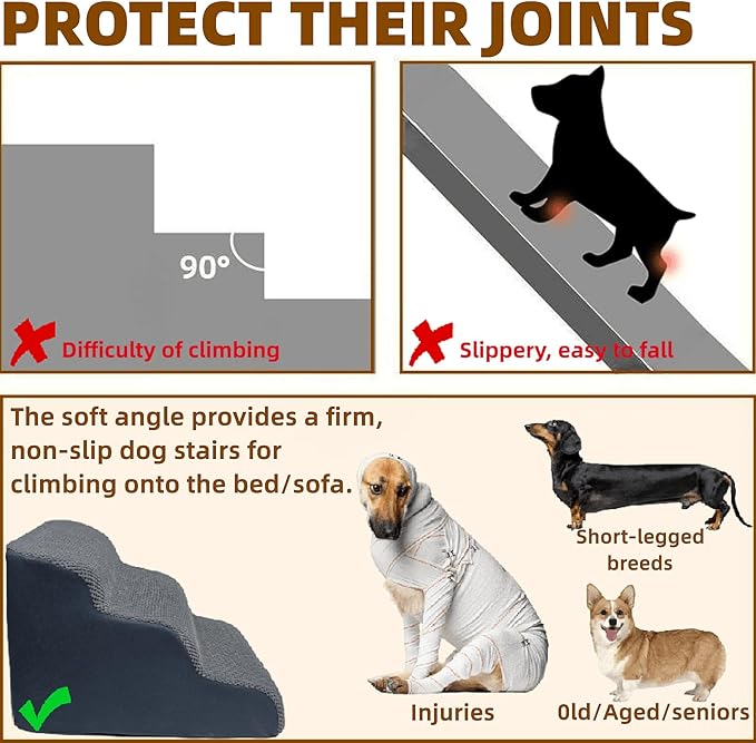 Dog Stairs to high beds, 3-step dog stairs for dogs to get on bed couch high 16"-20 inch, dog pet stairs for small large dogs cats climbing to bed, Non-Slip balanced doggy Grey (23.7*15.8*15.8 IN 33D)