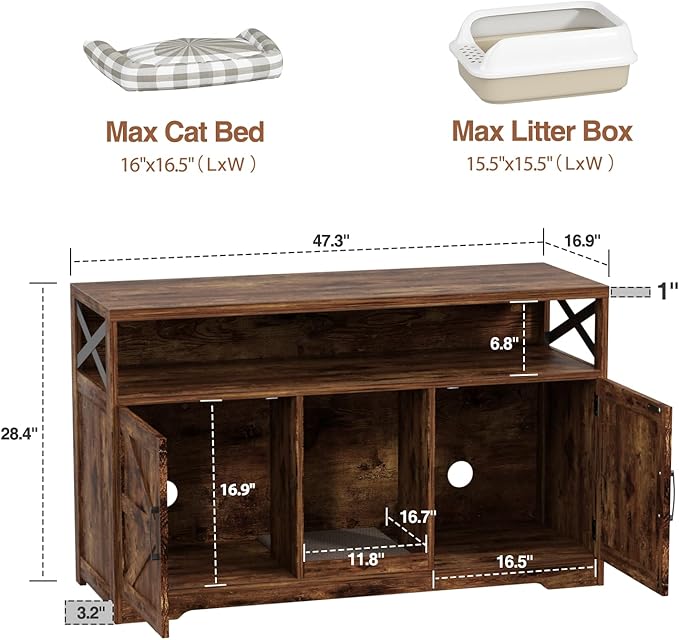 Cat Litter Box Enclosure for 2 Cats, 47" Double Hidden Litter Box Furniture with Scratch Pad, Farmhouse Indoor Litter Box Cabinet Cat Washroom, Rustic Brown