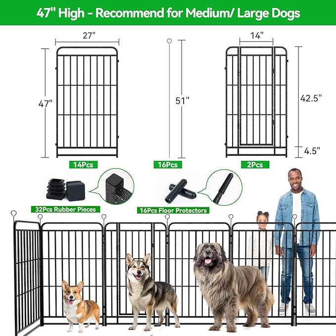 Dog Playpen Outdoor 16 Panels Heavy Duty Dog Fence 47" Height with Thick Pipe Anti-Rust with Doors Portable for RV Camping Yard, Total 36FT, 103 Sq.ft, Snowy Black