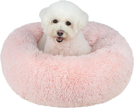 Best Pet Supplies Round Donut Dog Bed with Plush Faux Fur Fabric, Calming, Anti-Anxiety Cushion for Indoor Pets, Slip-Resistant Base, Soft Ergonomic Support - Pink, 30x30x8''