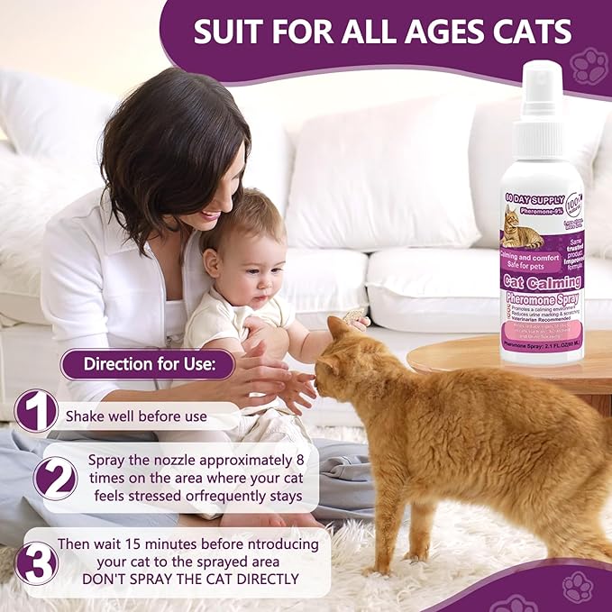 Cat Calming Pheromone Spray, Feline Calm Pheromones Spray- Anti Anxiety Pet Products, Cats Reduces Scratching Furniture Peeing Marking Calming Cat for Travel, Vet Visits - 60 Day Kit (2 * 60 mL)