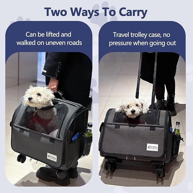 Dog Travel Bag with Removable Rolling Wheels, Airline Approved Pet Carrier, Foldable Cat Bag with Breathable Mesh, Pet Stroller(Grey)