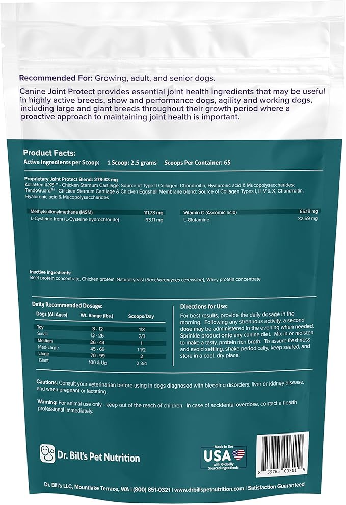 Dr. Bill’s Canine Joint Protect | Joint Support for Dogs | Pet Supplement for Ligament & Tendon Strength | Collagen Type II, Hyaluronic Acid, Eggshell Membrane and L-Glutamine