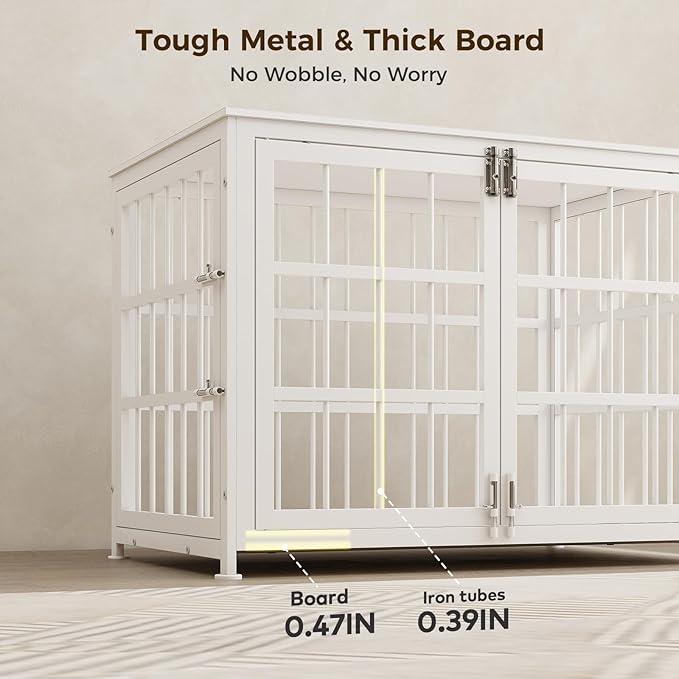 32 Inch Heavy Duty Wooden Dog Kennel End Table with Double Door Design and Secure Locks, Indoor Pet Crate Furniture for Medium Dogs, Decorative Home Cage Design,White